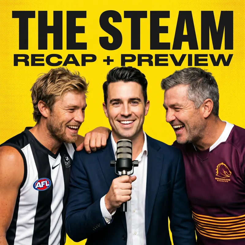 The Steam podcast cover with Riley, Bazza and Macca laughing